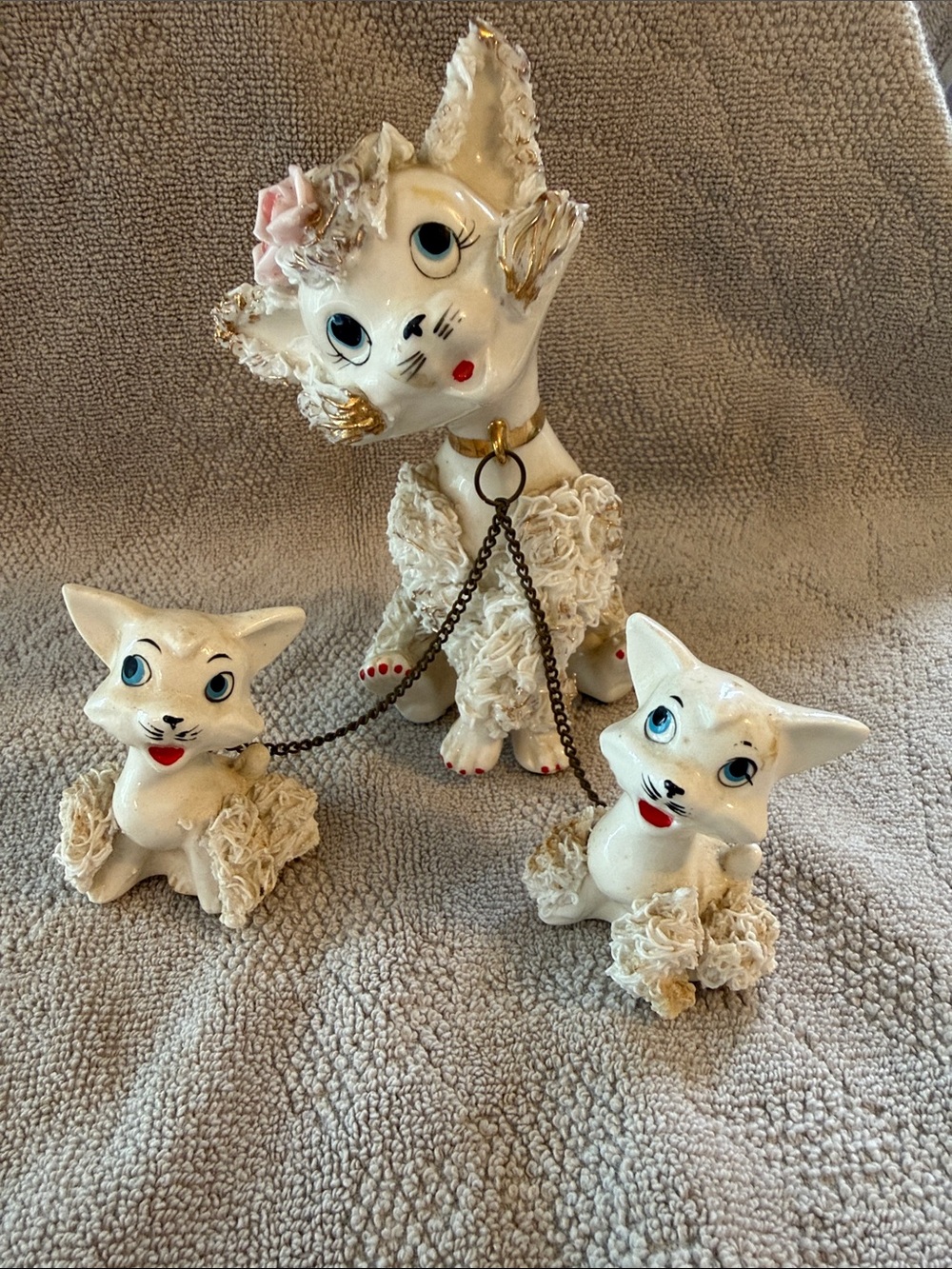 Vintage Ceramic Poodle Trio Figurine Set - White with Gold Accents